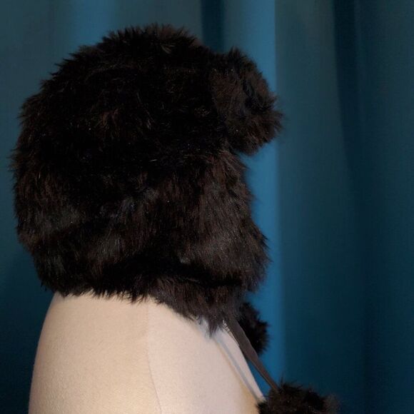 Faux fur Bougie Black Trapper Hat w/pom pom's  Warm & cozy! - Picture 4 of 8